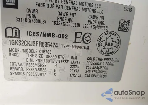 2015 GMC Yukon Denali z USA, uszkodzony, nr VIN 1GKS2CKJ3FR635474